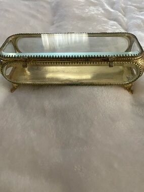 GRACE Vintage Gold Glass Jewelry Trinket Box - Decorative Vanity Organizer